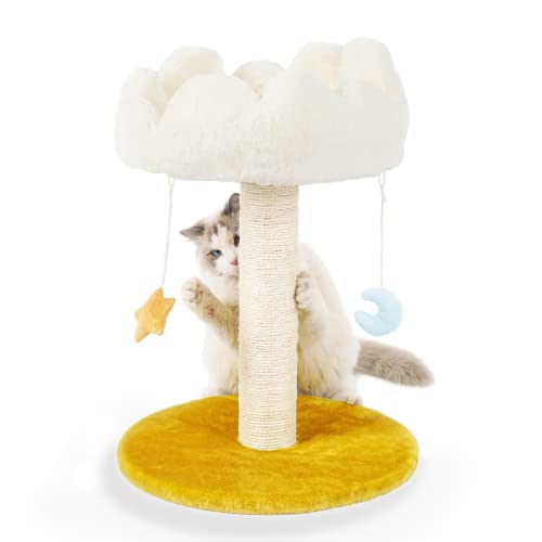 Happi N Pets Cloud Cat Scratching Post with Bed, Cat Tree for Indoor Cats, Nature Sisal Cat Scratcher with Cat Cozy Fluffy Perch for Kitten & Adult Cats, Small Cat Tower with Balls, Stable Cat Stand - 22 inch