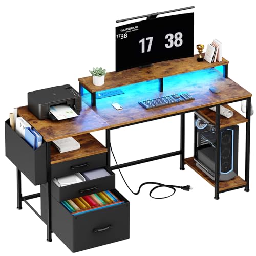 Lufeiya Computer Desk with File Drawers Cabinet, 55 Inch Home Office Desk with Shelves Monitor Stand, Study Writing Gaming Desks with Led Light Power Outlets for Bedroom, Rustic Brown - Rustic Brown - 55"