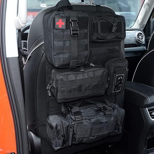 Universal Tactical Vehicle Back Seat Organizer with 5 Detachable Pouches - Medical, Phone, and Admin Storage Bags with Multi-Pockets - Blcak