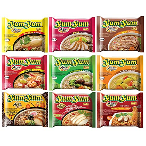 Yum Yum Nudeln | Thailändische | Instantnudeln | Mixkarton | Pack (60x60g) | 9 Geschmacksrichtungen (Huhn, Ente, Rind, Shrimp, Gemüse, Curry, Japanese , Sriracha, Grilled Chicken) - 60 g (60er Pack)