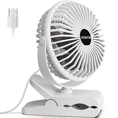 HONYIN Clip on Fan, 720° Rotation Small Desk & Clip Fan, Personal Cooling Fan with Sturdy Clamp, 3 Speeds, Quiet Little Fan by USB Plug In, for Bedroom Office Desktop Treadmill - White