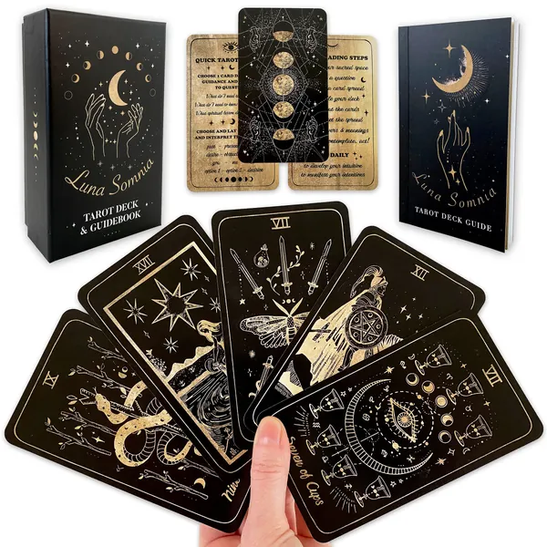Shores Of Moon Luna Somnia Tarot Deck with Guidebook & Box - 78 Cards Complete Full Deck Starry Dreams Celestial Astrology Witchy Black Divination Tool