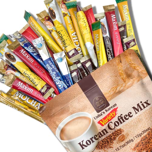 Instant Coffee Mix Packets Single Serve - Korean Variety Coffee Sampler 30 Sticks of 6 Different Flavors, Maxim Mocha, White Mocha, Original Maxim French Café (Variety 30 Pack) - Variety 30 Pack