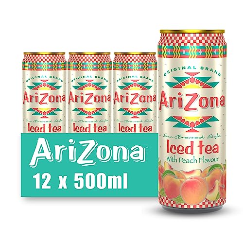 Arizona Peach Iced Tea, Pack of 12 x 500ml Cans, Delicious Fruit Iced Tea Drink, No Artificial Colours, No Artificial Preservatives - Peach Iced Tea - 12 x 500ml