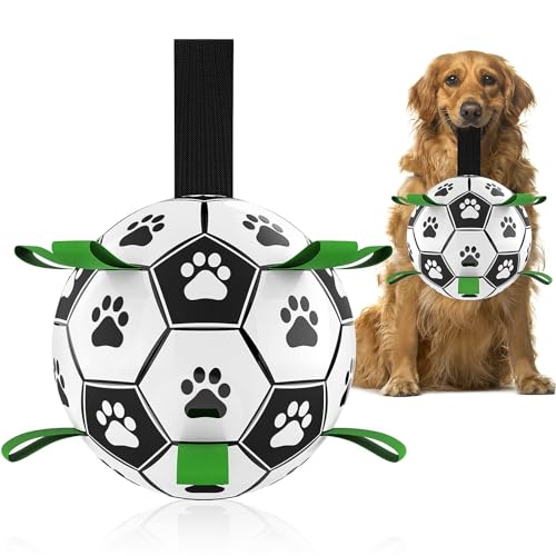 HETOO Dog Toys Soccer Ball with Grab Tabs, Interactive Dog Toys for Tug of War, Puppy Birthday Gifts, Dog Tug Toy, Dog Water Toy, Durable Dog Balls for Dog - Large Size 3 - Green