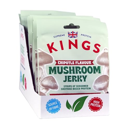 Kings Shiitake Mushroom Jerky - Chipotle Flavour - Plant Based, Vegan Friendly - Box of 16 x 25 Grams - Chipotle - 25 g (Pack of 16)