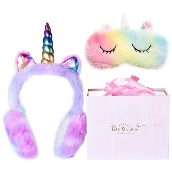 COO&KOO Winter Unicorn Earmuffs Sleep Mask Set Plush Warm Foldable Earmuff for Girl Gift