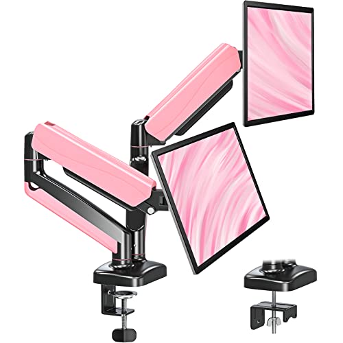MOUNTUP Dual Monitor Stand, Fully Adjustable Gas Spring Dual Monitor Mount, Monitor Desk Mount with C Clamp, Grommet Mounting Base, Double Monitor Arm for 2 Computer Screen up to 32 Inch, Pink - Pink