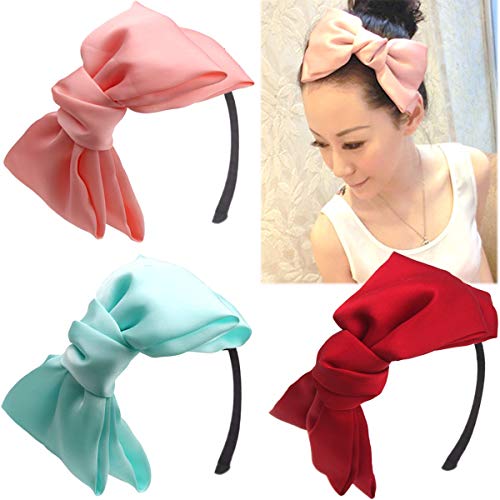 CÉLLOT 3 Pack Huge 8" Big Bows Hairstyle Hair Hoop HeadBands Hair Band for Girls Women Daily Wearing and Party Decoration(Mint,Pink,Red) - 3 Colors