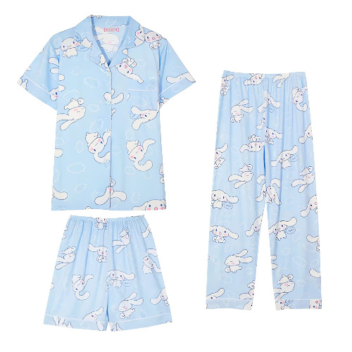 Zmioviq Women's Cotton Pajamas 3 Piece Sets, Cute Cartoon Print Sleepwear Short Sleeve Shirt with Casual Long Pants and Short - Medium