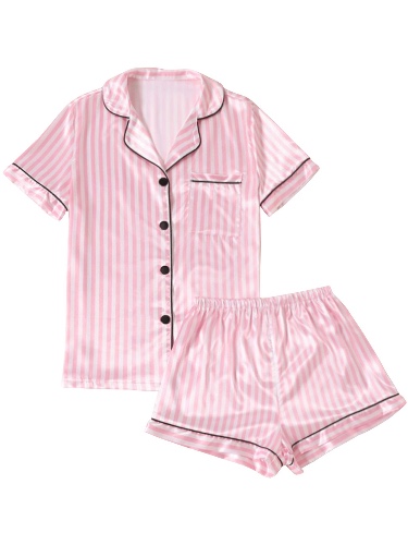LYANER Women's Striped Silky Satin Pajamas Short Sleeve Top with Shorts Sleepwear PJ Set