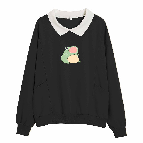 KIEKIECOO Cute Aesthetic Frog Sweatshirt for Teen Girls Kawaii Cartoon Graphic Hoodie Womens Preppy Cotton Pullover Sweaters - Large - Black