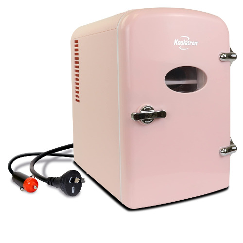 Koolatron Retro 4L 6 Can Portable Mini Fridge, Compact Car Refrigerator, Skincare Cosmetic Beauty Makeup Personal Cooler 12V and AC Cords Desktop Accessory for Bedroom Home Office Travel (Pink)