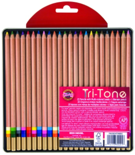 Koh-I-Noor Tri-Tone Multi-Colored Pencil Set, 24 Assorted Colors in Tin and Blister-Carded (FA33TIN24BC) - 