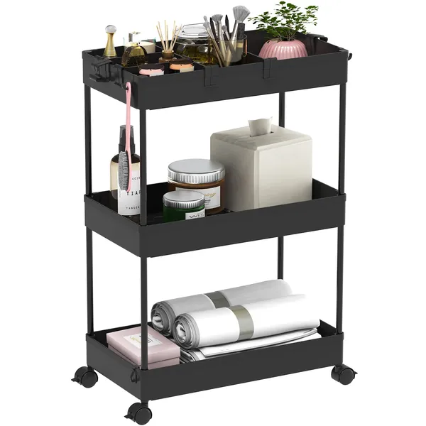 Slim Storage Cart,3 Tier Bathroom Rolling Utility Cart Storage Organizer Slide Out Cart, Mobile Shelving Unit Organizer Trolley for Office Bathroom Kitchen Laundry Room Narrow Places, Black - Black