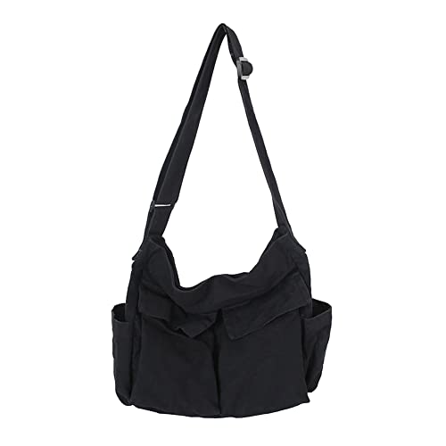 Canvas Messenger Bag Large Hobo Crossbody Bag with Multiple Pockets Canvas Shoulder Tote Bag for Women and Men - A02-black