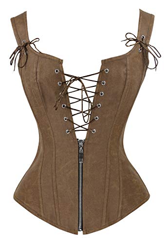 Charmian Women's Renaissance Lace Up Vintage Boned Bustier Corset with Garters - Small - Brown