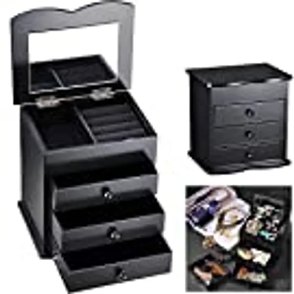 Yescom Black Jewelry Box Organizer Storage Case Built-in Mirror Ring Necklace Bracelet Earring - Black