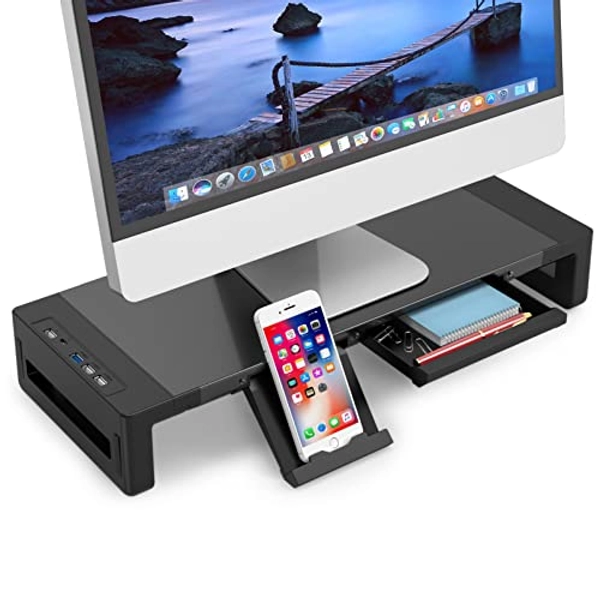 VOOPII Monitor Stand Riser with Drawer, Steel Width Adjustable Computer Monitor Stand with USB3.0 Data Port and TYPE-C Charging Port,Computer Stand Desktop Shelf Organizer for Laptop PC Printer