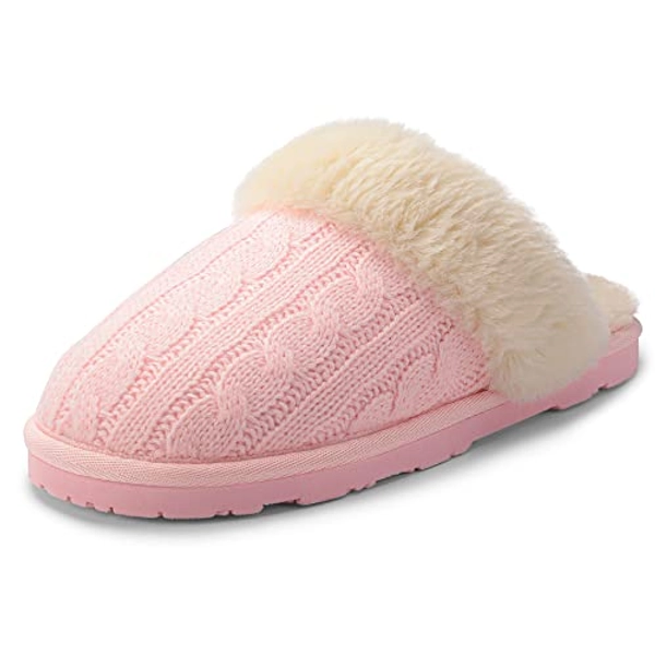 DREAM PAIRS Women's Cable Knit Faux Fur Mules Comfy Slippers