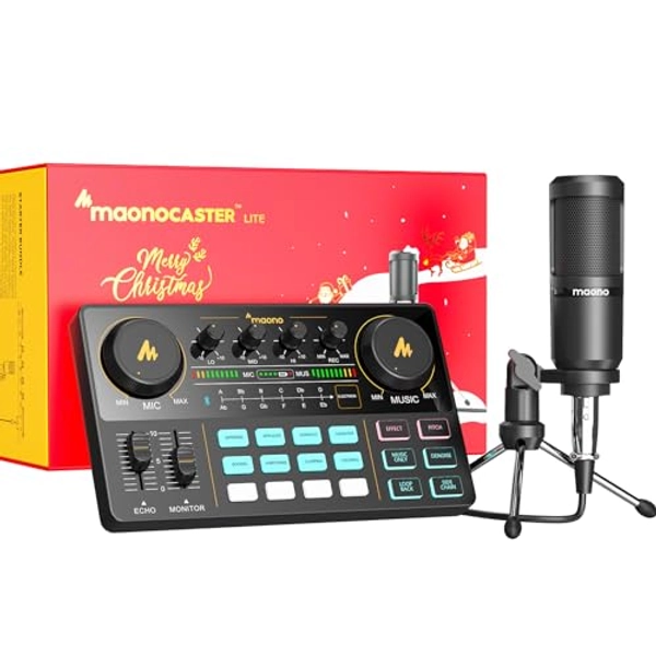 MAONO Podcast Equipment Bundle Audio Interface All-in-One Podcast Production Studio with 3.5mm Microphone for Live Streaming, Podcast Recording, PC, Smartphone MaonoCaster (Christmas Gift Bundle)