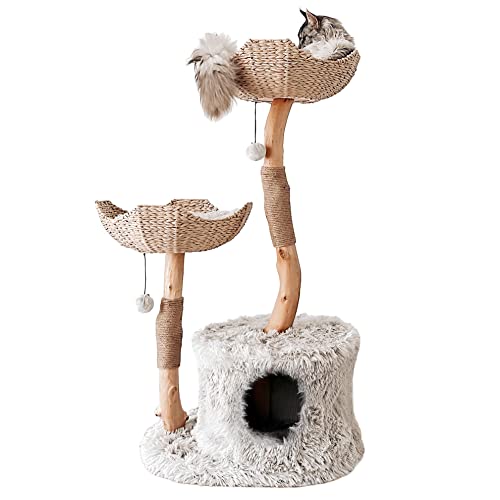MAU Modern Cat Tree Tower for Large Cats, Real Branch Luxury Cat Condo, Wood Cat Tower, Cat Scratching Tree, Cat Condo, Cat Lover Gift, Luxury Cat, Cat Gifts by Mau Lifestyle - Bullet Gray