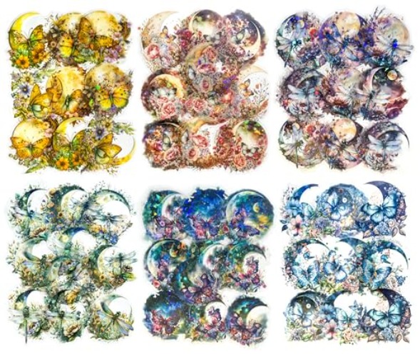 Yoksas 60Pcs Holographic Fantasy Butterfly Dragonfly Moon Stickers - Waterproof Nature Aesthetics Plants Insects Shiny Stickers for Scrapbooking,Junk Journals,Planner - Butterfly Dragonfly Moon