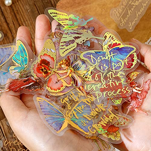Aromoty Fairy Gold foil Holographic Stickers Set(120 pieces with 4 Themes)-Resin Transparent Waterproof Stickers,Butterfly,Flower Vintage letter Planner Stickers for Scrapbook Junk Bullet Journals - Fairy
