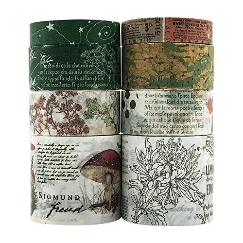 ZMLSED Vintage Green Washi Tape Set, 8 Rolls Antique Mushroom Japanese Masking Writable Decorative Tapes for Bullet Journal Planners DIY Crafts Arts Scrapbooking Adhesive