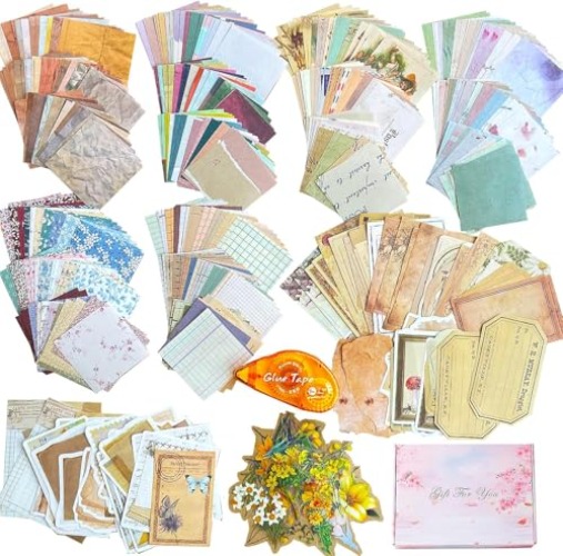 BLEDS 501 PCS Scrapbook Supplies, Scrapbook Paper Kit 460 Sheets Thin Decorative Craft Paper with 40 Pcs Flower Stickers 1 Adhesive Roller for Journaling ATC Card Planner Junk Journal - 501 Journaling Supplies