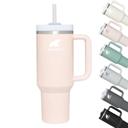 AOPPTO Water Bottle, 40oz Insulated Tumbler Cup with Straw Handle Lid Double Wall Vacuum Stainless Steel Travel Mug Large Water Bottle Thermo Drink Bottle for Water, Iced Tea or Coffee（Rose Quartz） - Rose Quartz
