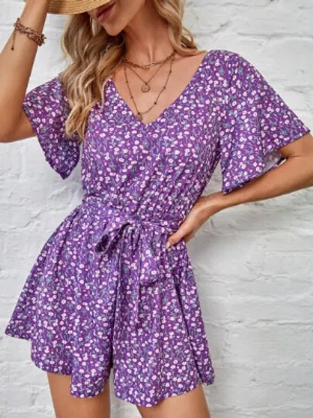 SHEIN Flutter Sleeve Belted Ditsy Floral Romper