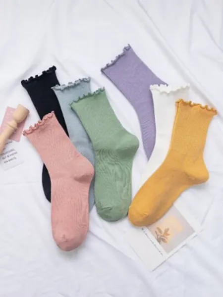 7pairs Frill Trim Crew Socks