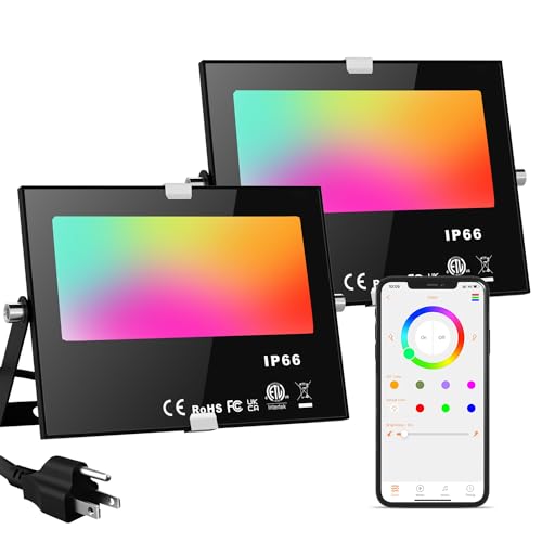 LED Flood Lights RGB Color Changing 500W Equivalent, Outdoor RGBW Bluetooth Smart Floodlights APP Control, IP66 Waterproof, Timing, 2700K&16 Million Colors 23 Modes for Stage Landscape Lighting 2 Pack - Bluetooth-50Watts-2 Pack