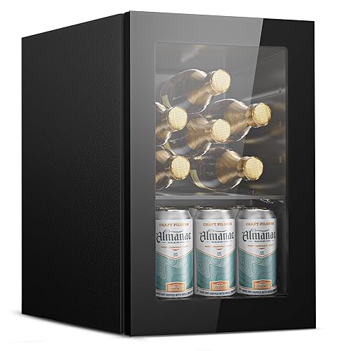 EUHOMY 6 Bottles and 6 Cans Wine Cooler Refrigerator with Glass Door, 37°F-57°F Countertop Wine Fridge Advanced Cooling Technology, Wine Celler with Removable Shelf for Home, Kitchen, Office - 0.6 CUFT
