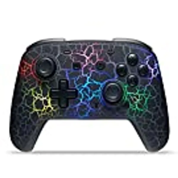 Switch Controller, Wireless Switch Pro Controller for Switch/Switch Lite/Switch OLED, 8 Colors Adjustable LED Wireless Remote Gamepad with Unique Crack/Turbo/Motion Control (Black)