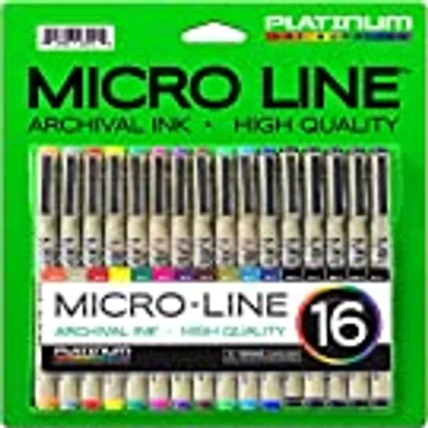 Micro-Line Ultra Fine Point Ink Pens - (SET OF 16) - Archival Ink - Assorted Colors in 0.3 MM Felt Tip - 5 Blacks in Tip Sizes 0.25MM to 0.5MM - Competes with Micron Fine Point Permanent Markers
