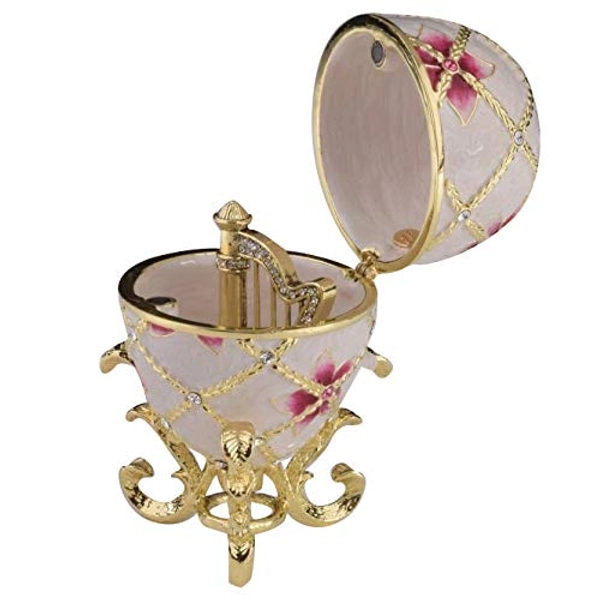 Keren Kopal White Russian Egg with Flowers And Harp Surprise Inside Trinket Box Faberge Egg Decorated with Austrian Crystals Collectors Easter Egg