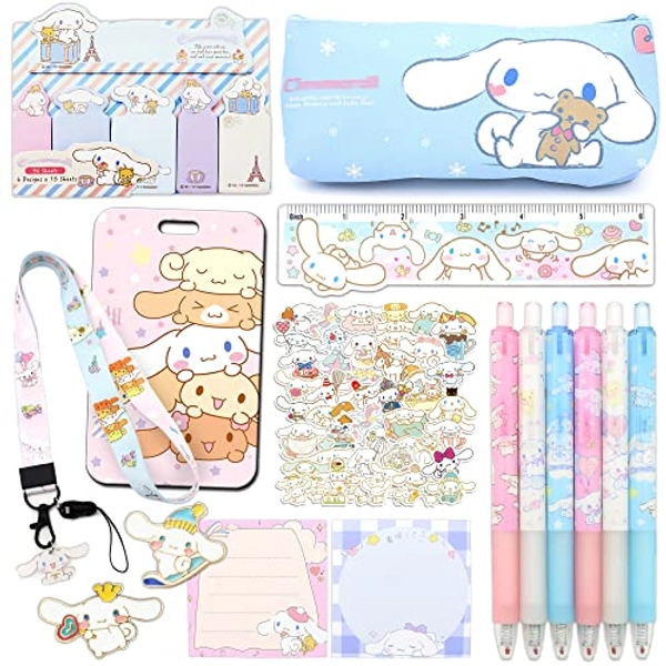 Ohjijinn Cute School Supplies Set, Kawaii Office Supplies, Includes Pencil Case, Ballpoint Pens, Ruler, Sticky Note, Stickers, Enamel Pins, Lanyard with ID Card Holder for Girls Gifts