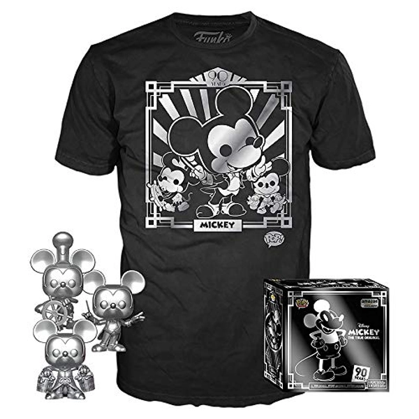 Funko Pop! 3 Pack & Tee: Disney - Mickey's 90th T-Shirt and Silver Steamboat Willie, Conductor, and Apprentice, Amazon Exclusive, Size S