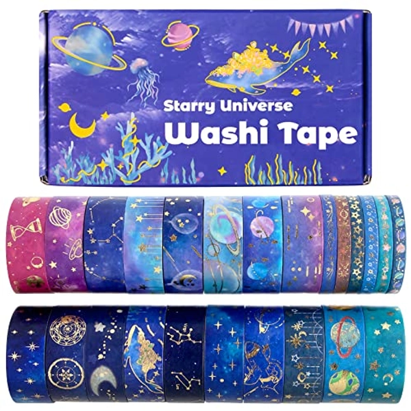 24 Rolls Washi Tape Set - Gold Foil Galaxy Decorative Masking Tape Constellation,Stars,Celestial,Adhesive Tape for Bullet Journal,Diy Craft,Scrapbooking Supplies,Gift Wrapping,Party decoration