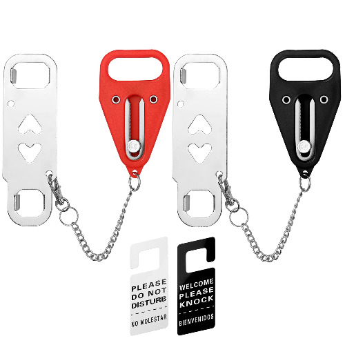 Portable Door Lock, Extra Home Security Door Locker for Additional Privacy and Safety, Travel Lock Down Locks for Traveling, Hotel, Home, Apartment, College with Door Hanger Sign (2 Pack) - Black & Red