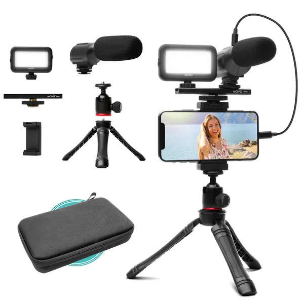Movo iVlogger Vlogging Kit for iPhone - Lightning Compatible Video Vlog Kit - Accessories: Phone Tripod, Phone Mount, LED Light and Shotgun Microphone - for YouTube Starter Kit or iPhone Vlogging Kit - 