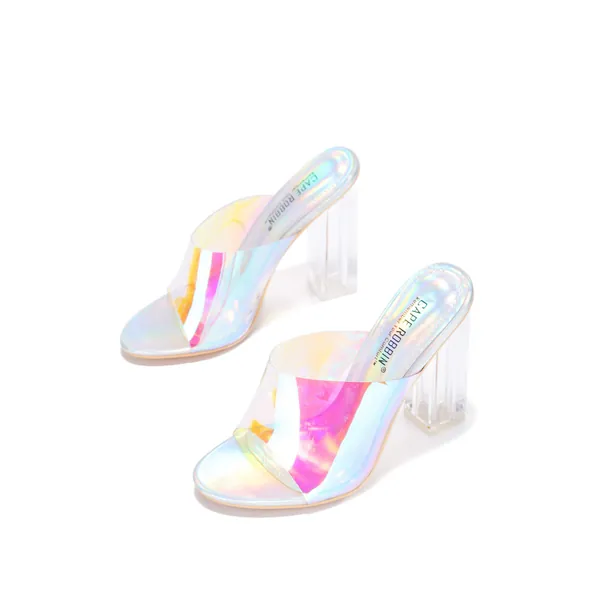 Cape Robbin Fusion Clear Chunky Block High Heels for Women, Transparent Booties for Women - 10 Holographic