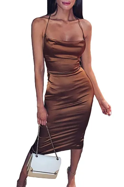 Velius Women's Sexy Spaghetti Strap Backless Lace up Bodycon Party Dress … - Medium Brown
