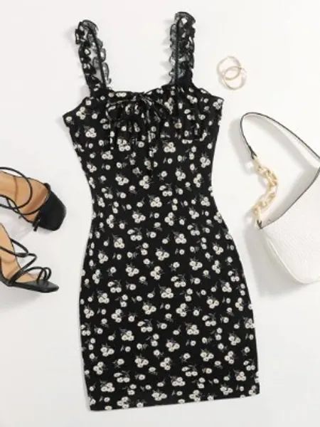 SHEIN Frilled Strap Tie Front Ruched Bust Daisy Floral Dress