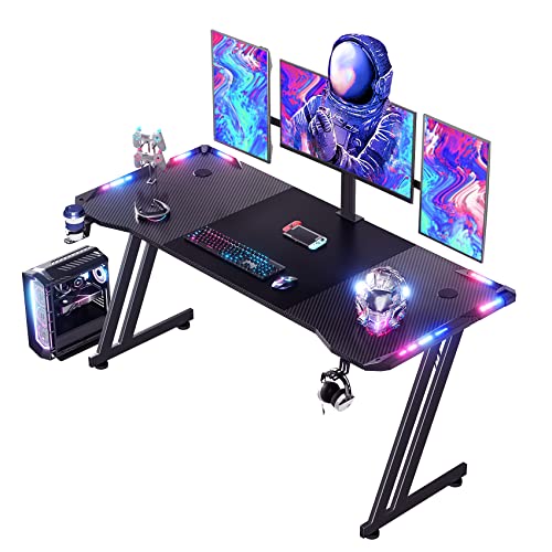 HLDIRECT 63 Inch Gaming Desk with LED Lights Carbon Fibre Surface Gaming Table Large Computer Desk Ergonomic Home Office Desks Z Shaped PC Gamer Workstations with Cup Holder & Headphone Hook Black - 63 Inch