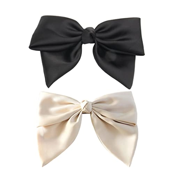 XPEX 2er-Pack Damen-Haarspangen mit Schleife, Haarspangen aus französischem Stoff für Frauen, Haarspangen mit Schleife, eleganter Satin-Haarschmuck für Mädchen (Schwarz und Beige)