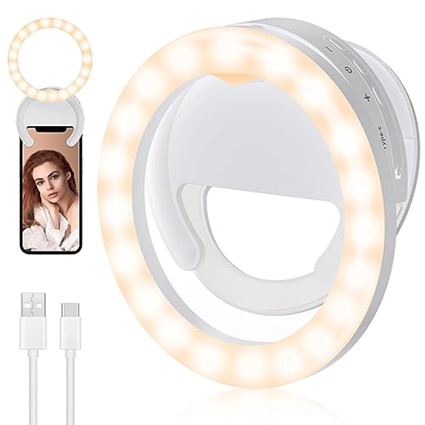 RealPlus Ringlicht Handy, Drehbares Ring Light Mit Clip[wiederaufladbar], Selfie Licht Mit 3 Beleuchtungsmodi & 5 Helligkeit, Für Laptop/Tablette, Videoanrufe, Streaming, Make-Up, Youtube Tiktok, Weiß