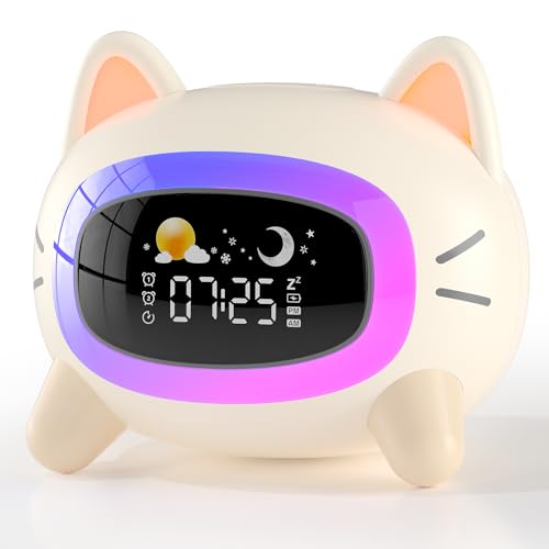 ANALOI Kids Alarm Clock Ok to Wake Alarm Clock for Kids, Toddlers Night Light Clock for Bedroom, Cat Alarm Clock with Sleep Training and Sound Machine, Birthday Gift for Boy Girls Children - Cat